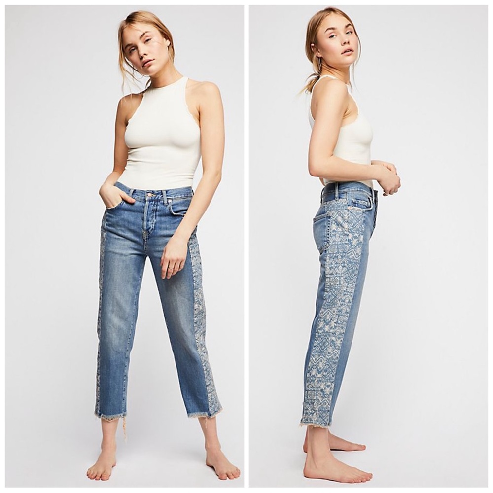 Free People Side Stripe Boyfriend Raw Hem Jeans 28 they run bigger